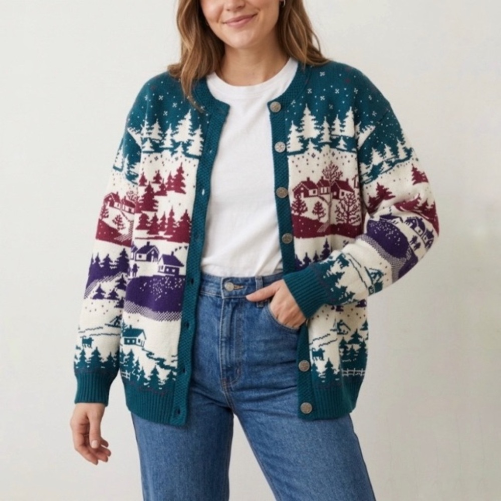 Vintage 90s Northern Reflections Winter Scene Knit Cardigan Size Medium Loose